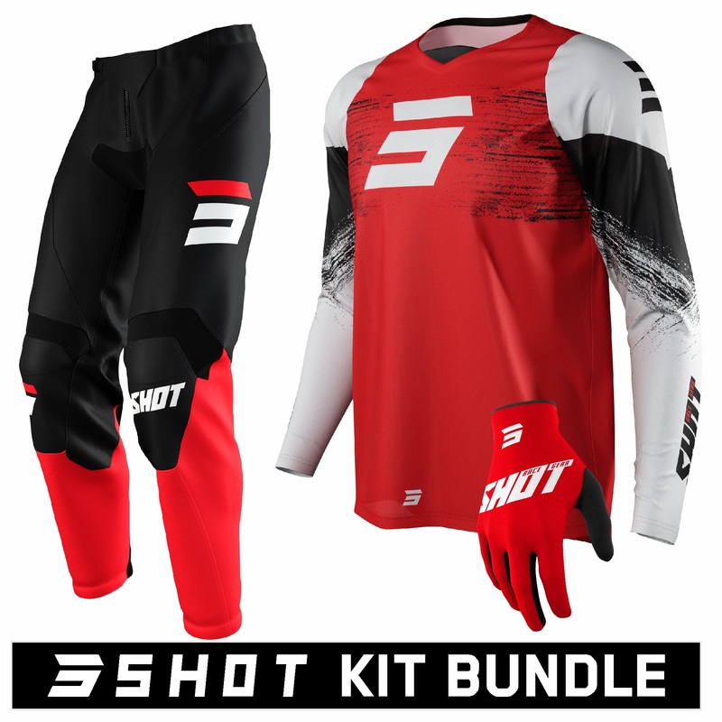 Shot RAW Burst Red Kit Bundle (Jersey: Extra Large, Pants: 34” Waist, Gloves: Size 12)